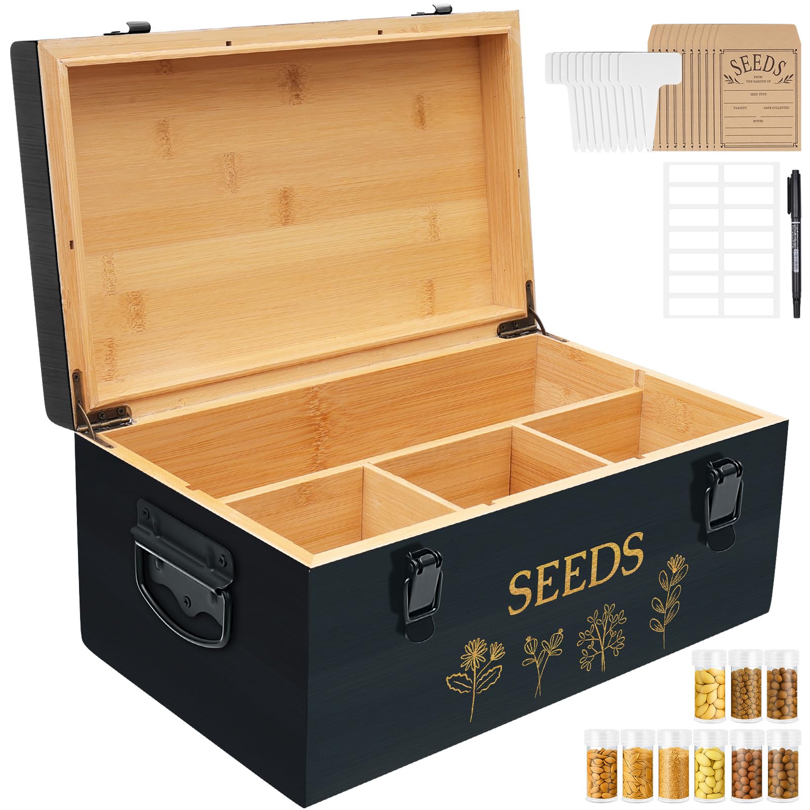 Large Bamboo Wood Seed Storage Organizer Box with Lid, Double-Layer Seal Design Seed Saving Box with Premium Coated Safety Lock, Handles, Extra Seed