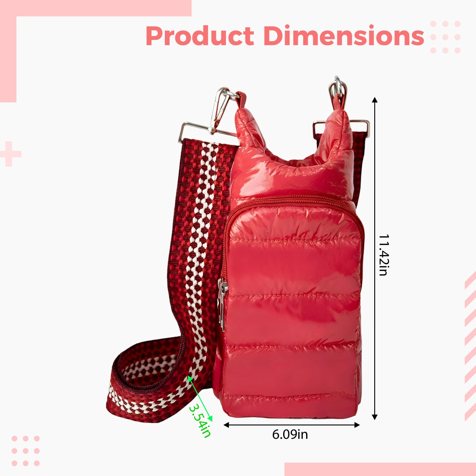 Crossbody-Wasserflaschenhalter, Rot, 18 x 29 cm, Daunen mit Baumwolle gepolstert, verstellbarer breiter Riemen, Vordertasche, für Reisen und Wandern