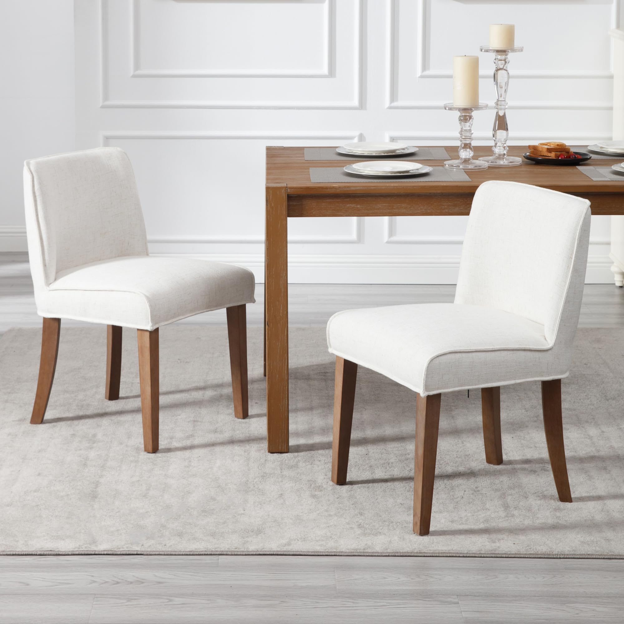 Upholstered Dining Chairs Set of 2 Farmhouse Kitchen Chairs Armless Accent Chairs with Wood Legs for Dining Room, Living Room, Restaurant(Linen, White)