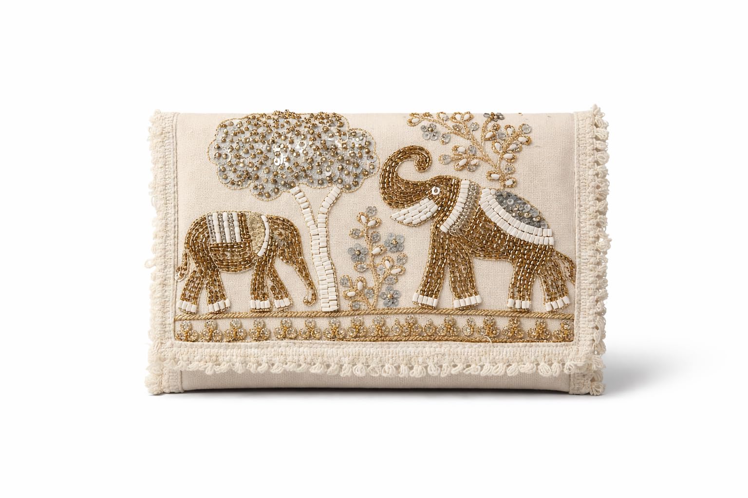 Handmade Elephant Embroidered Clutch Sling Bag, Ivory, Beaded and Sequin Work, Bohemian Style-picture-10