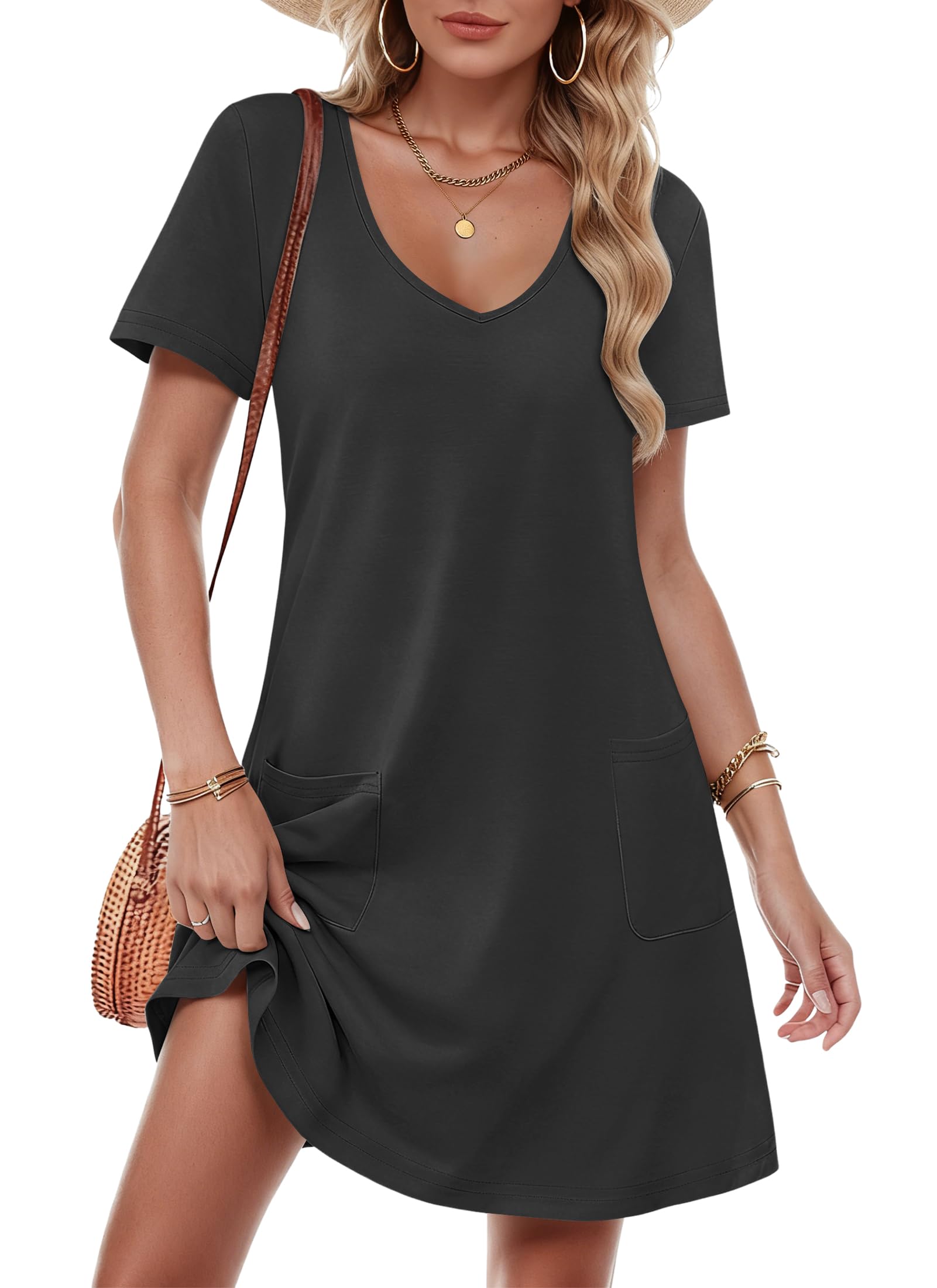 MOLERANI Summer Dresses for Women V Neck Women Dresses Short Sleeve Ladies Dresses with Pockets Black XL