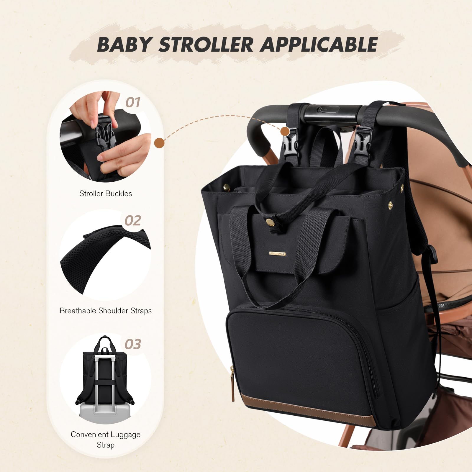 GOLF SUPAGS 25L Sac a Langer Bebe avec Matelas à Langer Portable et Sangles pour Poussette, Sac a Dos Isotherme, Sac à Dos à Langer Maternité, pour Maman ou Papa (Noir)