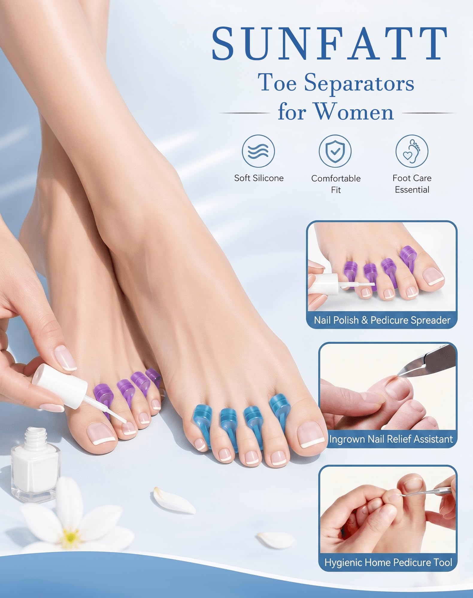 Separadores de dedos para esmalte de uñas, separadores de dedos de pedicura, separadores de dedos para separar las uñas de los pies o las uñas, así como aliviar los síntomas ortopédicos de juanetes.