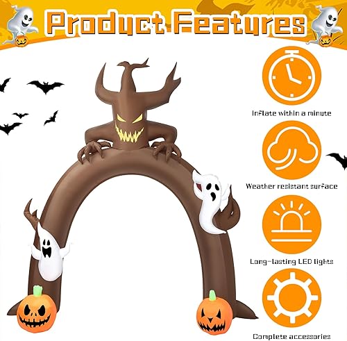 Miniatura 4 de Glimin Arco inflable de árbol de Halloween de 10 pies con calabaza fantasma y luz LED integrada, decoración de patio inflable de Halloween para