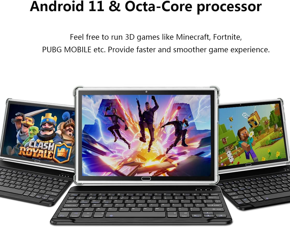 ZONKO tablet displaying various games, highlighting Android 11 and Octa-Core processor
