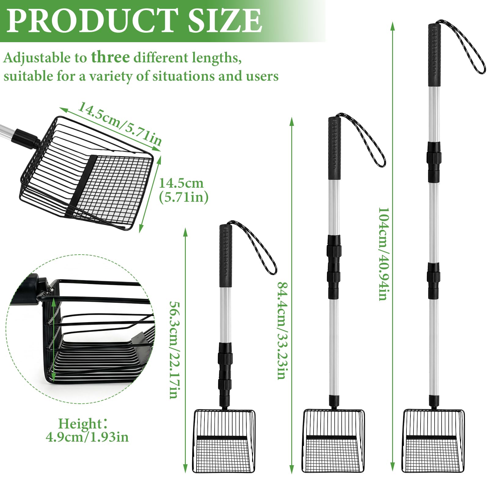 3 in 1 Paletta per Letame di Pollo, 56/80/108cm Pollo Poop Scooper Paletta Regolabile, Palettas Lettiera Gatto, Accessori per Pollaio per Separazione Feci e Detriti dalla Sabbia (Nero)