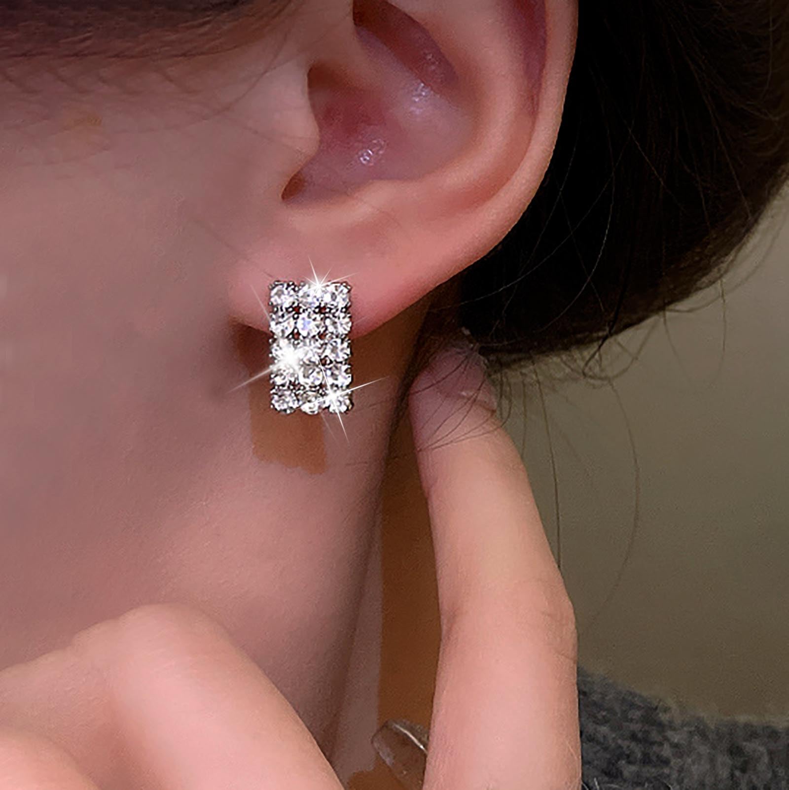 Sttiafay Vintage Rhinestone Square Earrings Square Crystal Earrings Silver Geometry Square Stud Earrings Sparkly Cz Bridal Earrings Jewelry for Women