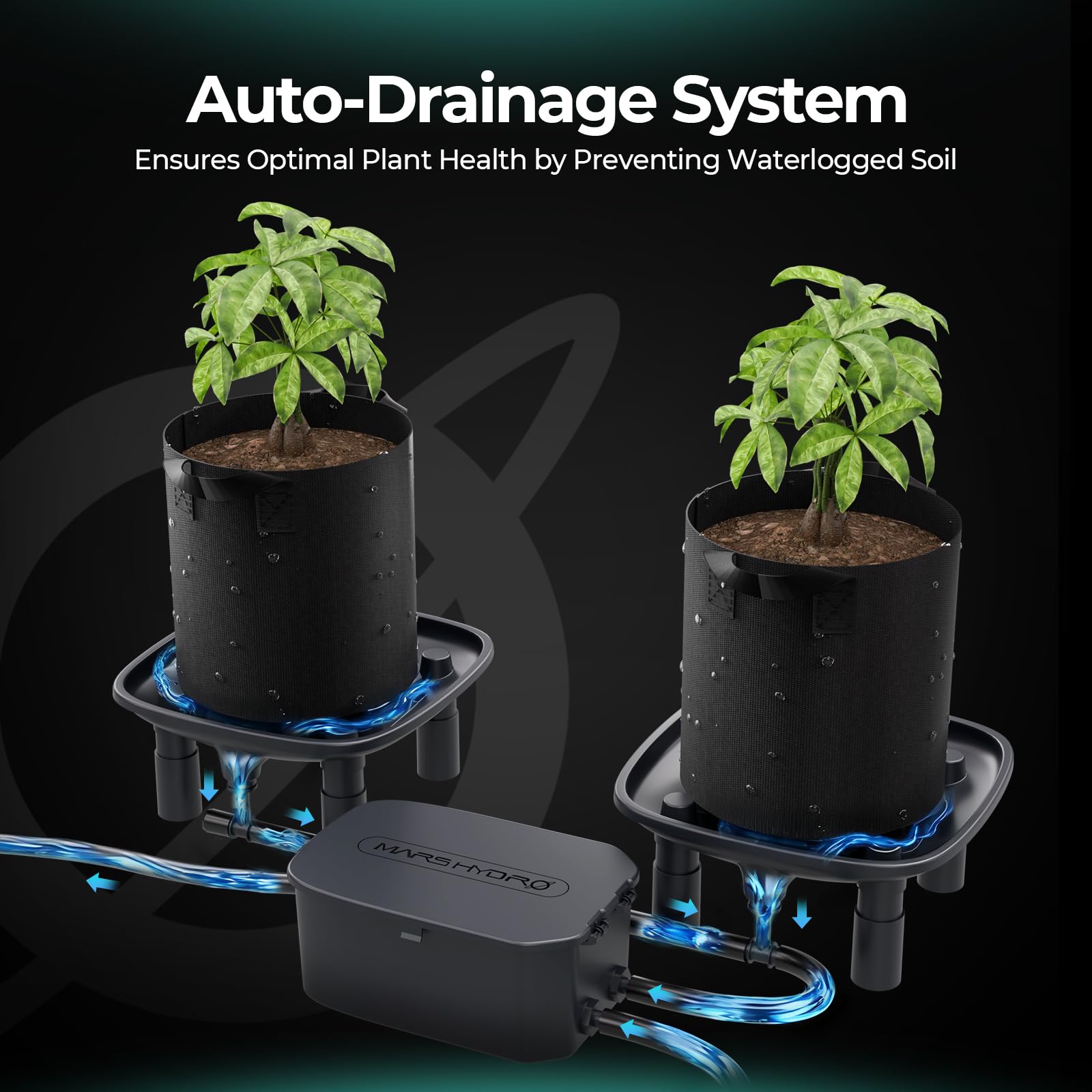 MARS HYDRO Sistema de drenaje automático, 4 cuencos, 1 bomba y 4 sacos de plantas (18,9 L), para cultivar plantas en maceta