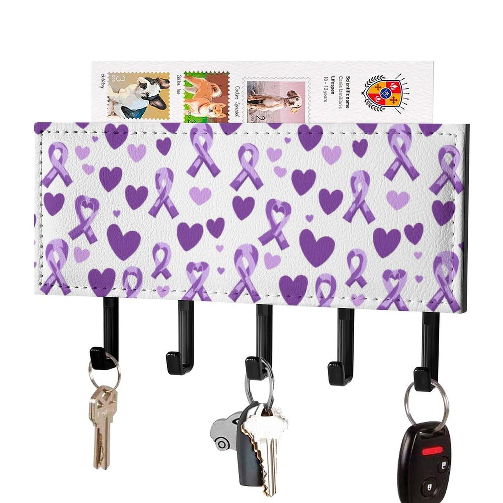 NCLQVJXZKHW Alzheimer Cancer Awareness Ribbons Key Holder with 5 Hooks Key Hooks Wall Mounted Key Racks Key Hanger Organiser Shelf