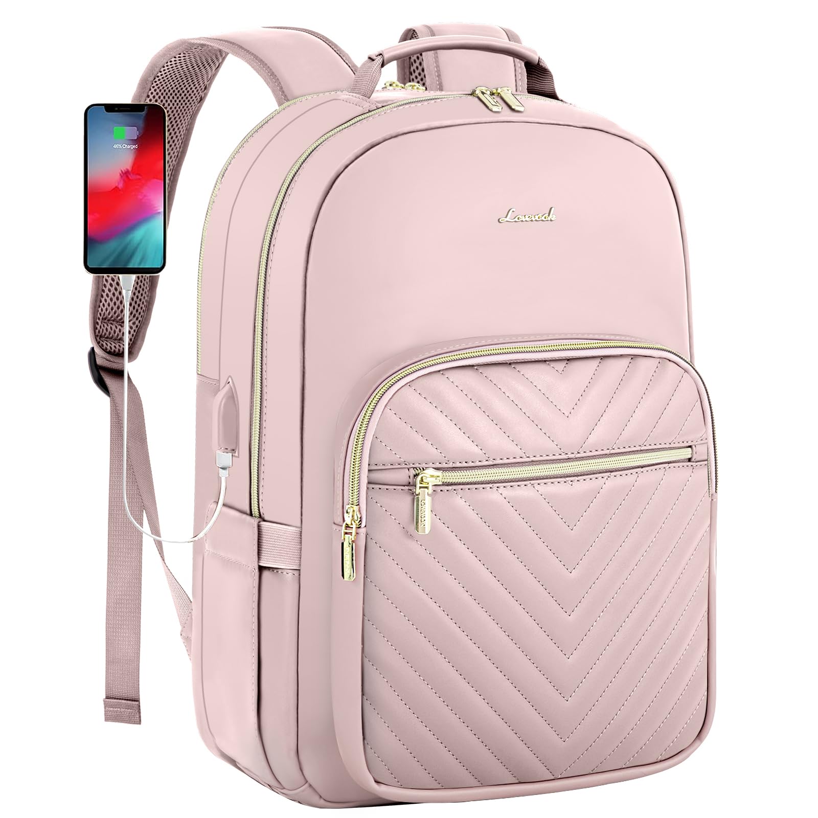 LOVEVOOKLeather Backpacks for Women,15.6 inch Leather Laptop Backpack Women Computer Backpack Laptop Bag,Stylish Quilted Travel Backpack Purse Work College Teacher Backpacks with USB Port,Rose Pink