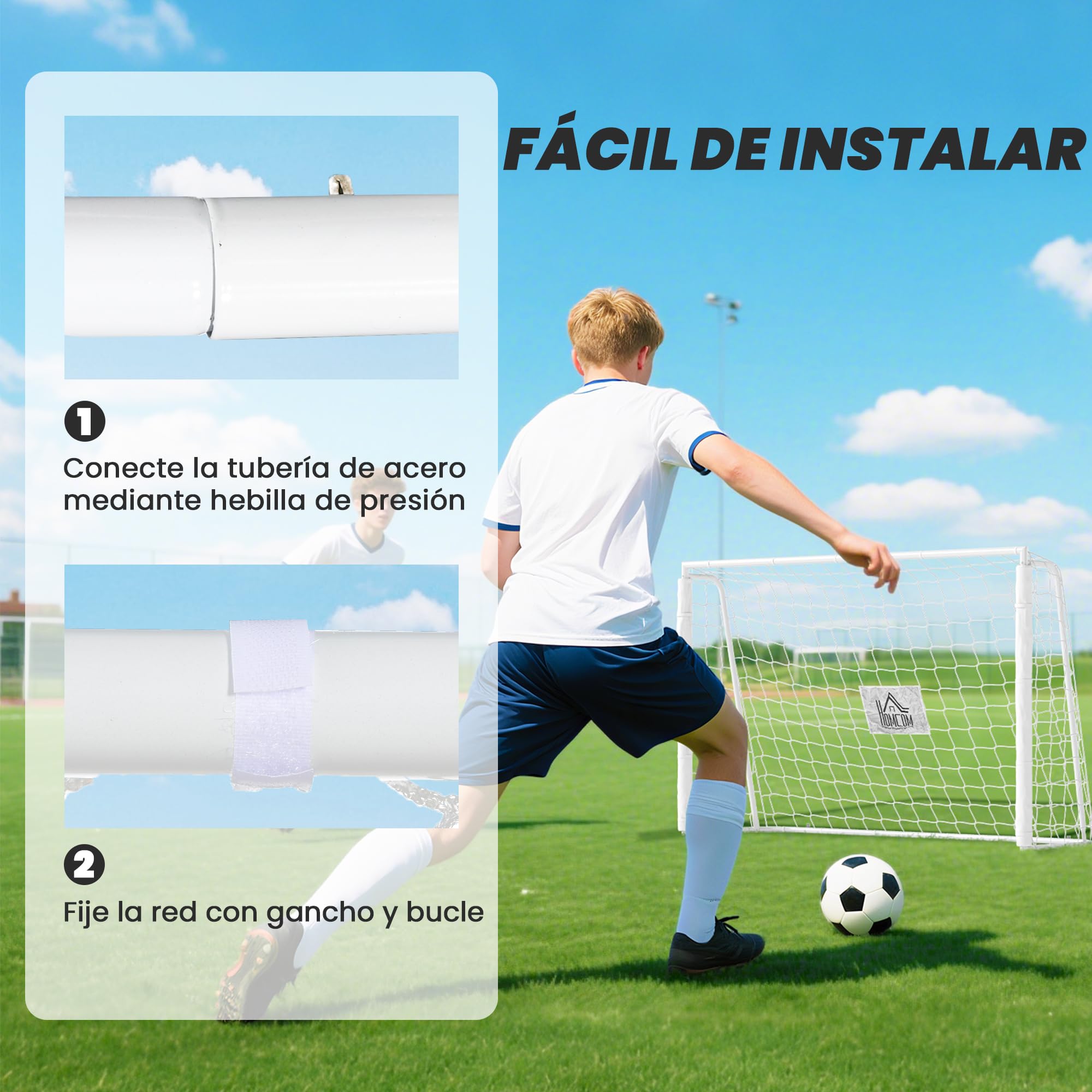 HOMCOM Portería de Fútbol con Soporte de Metal y Red 186x62x123 cm Blanco | Puerta de Fútbol, Entrenamiento, Jardín Aire Libre