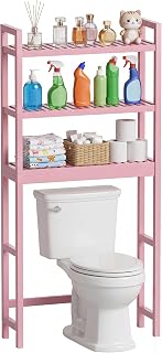 SMIBUY Bathroom Storage Shelf, Bamboo Over-The-Toilet Organizer Rack, Freestanding Toilet Space Saver with 3-Tier Adjustable Shelves (Pink)