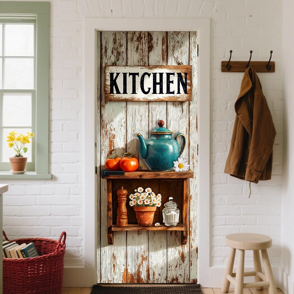CRAFTYMELODY Kitchen Door Sticker Peel Stick Removable Self Adhesive Door Mural Decal Vinyl PVC Waterproof Door Cover Wallpaper for Home Office Shop Decoration 31.48×78.74 Inch Farmhouse Style