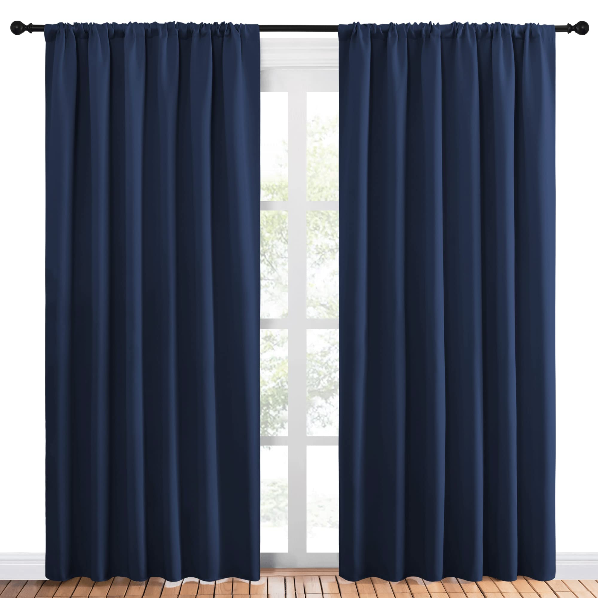 NICETOWN Living Room Curtains, Blackout Draperies, Home Decorations Thermal Insulated Solid Rod Pocket Blackout Drapes for Cafe (Navy, One Pair, 70 x 84-inch)