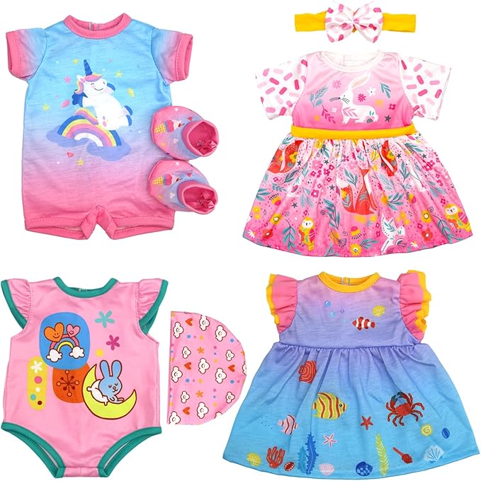 4 Set Doll Clothes, Baby Doll Clothes for 14 -16 Inch, 18 Inch Girl Doll Clothes Outfits and Accessories 7 Pcs Include Jumpsuit, Dresses, Headbands, Hats, Shoes (No Dolls)