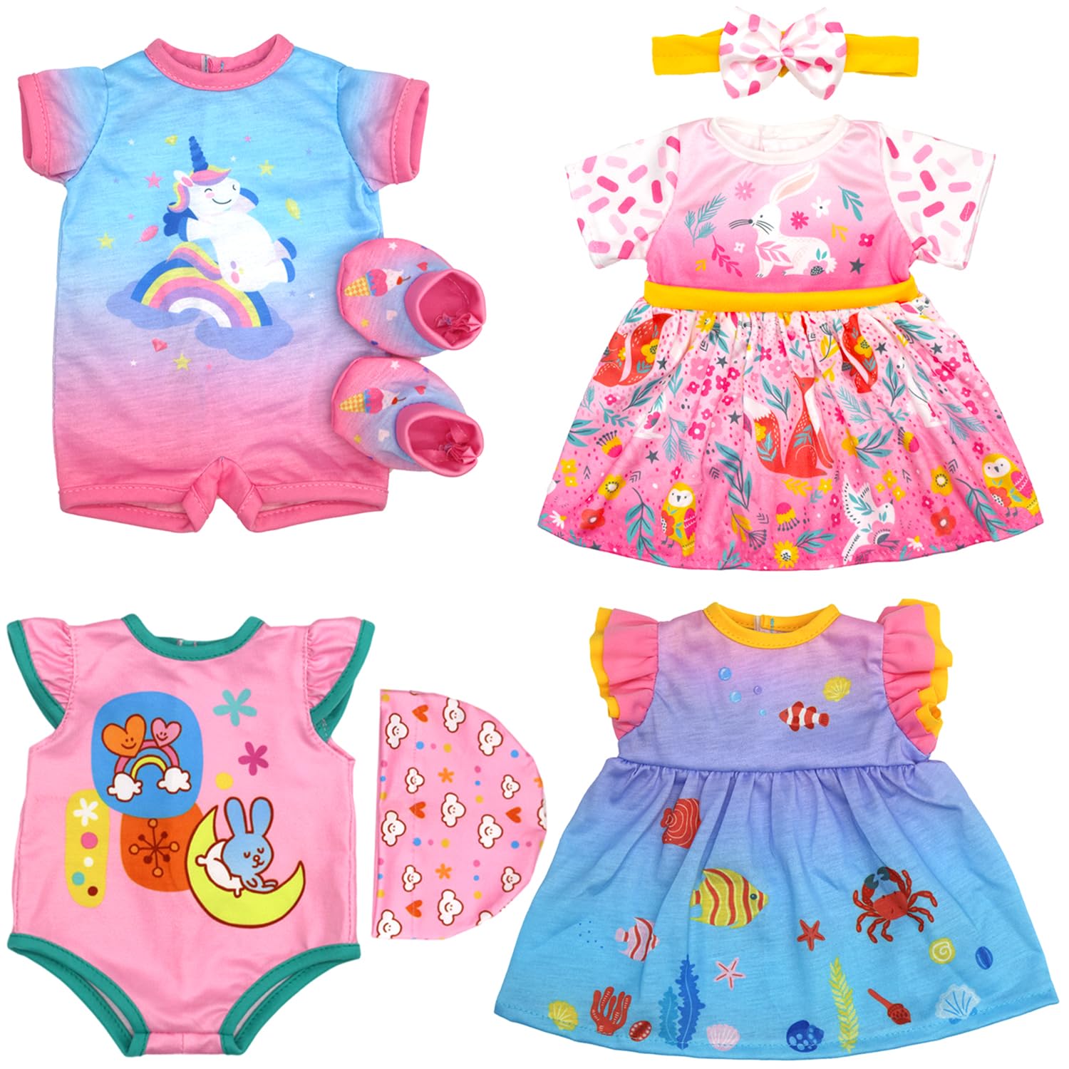 7PCS Vêtements et Accessoires pour Poupées 33-40 cm | Vêtements de Poupée pour Nouveau-né13-16 Pouces Inclut 2 Combinaison, 2 Jupes, 1 Chaussettes, Chapeau; Poupée Non Incluse