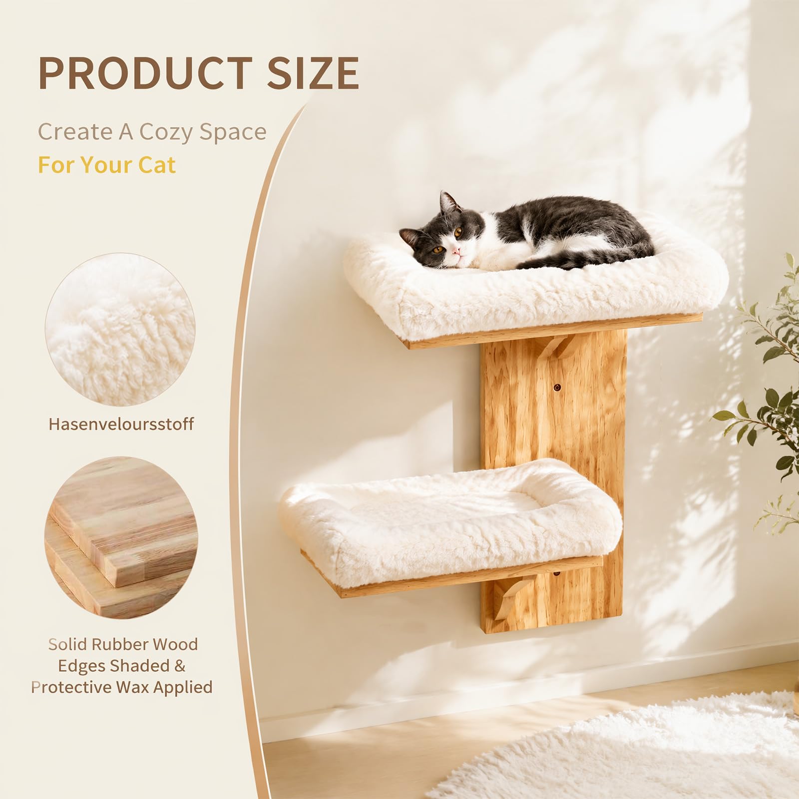 Kletterwand Katzen, Kletterwand Katze 2 Plattform, Katzen Wand Klettern Gummiholz, Katzenkletterwand zum Ausruhen, Klettern und Spielen (Baumwollpolsterung)