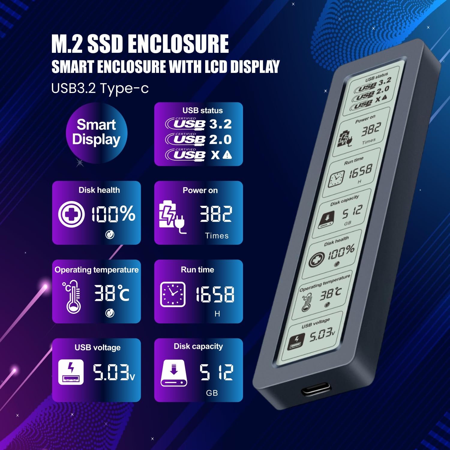 Dyazo M.2 NVMe SSD Enclosure Type C with LCD Display | USB 3.2 Gen2 10Gbps | Support NVME PCIE Size 2230/2242/2260/2280 M-Key/B+M | Support UASP & Trim (Up to 8TB) | Compatible with Windows/Mac/Linux — Amazon image 2