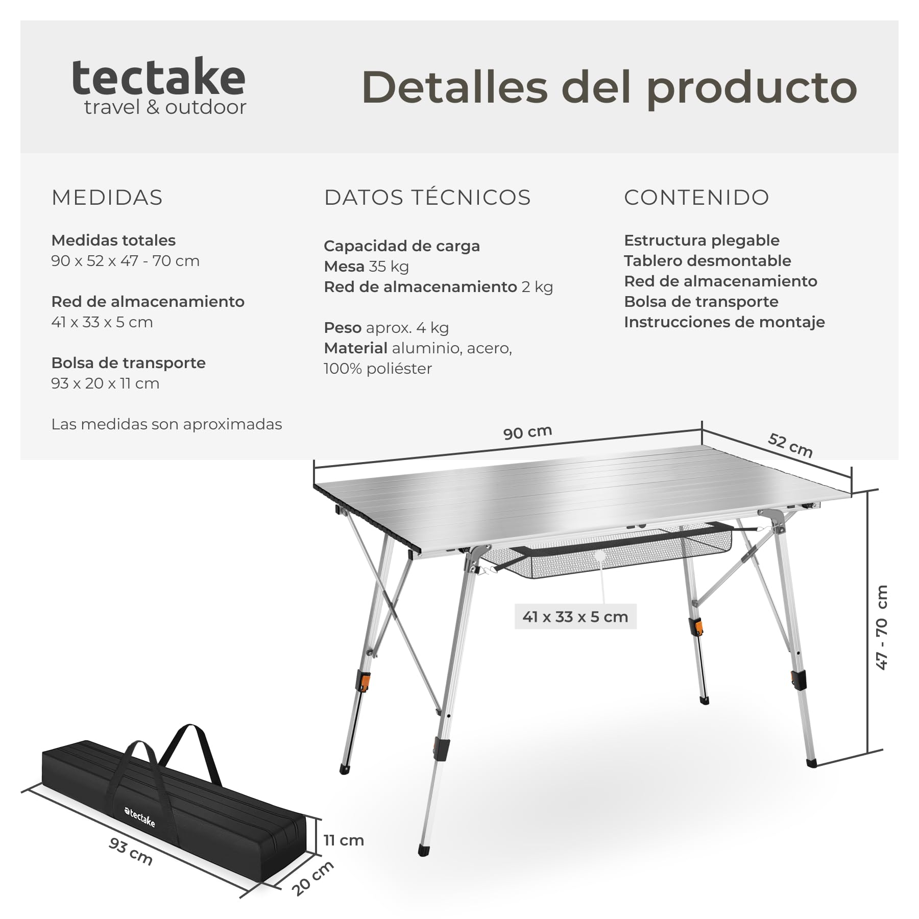 tectake® Mesa Camping Plegable con Altura Ajustable, Mesa Auxiliar de Aluminio con Topes, Mesa Exterior para Jardín, Terraza, Picnic, con Red de Almacenamiento y Bolsa de Transporte, 90x52x70 - Plata