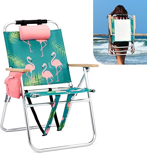 Miniatura 15 de VINGLI Silla de playa de aluminio de 13 pulgadas, sillas de playa altas para adultos, portátil con correas ajustables, reclinable de 3 posiciones,