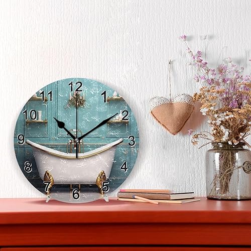 Miniatura 2 de CHIFIGNO Reloj de pared redondo de baño verde azulado, relojes creativos de doble propósito, reloj de pared redondo que funciona con pilas, reloj de