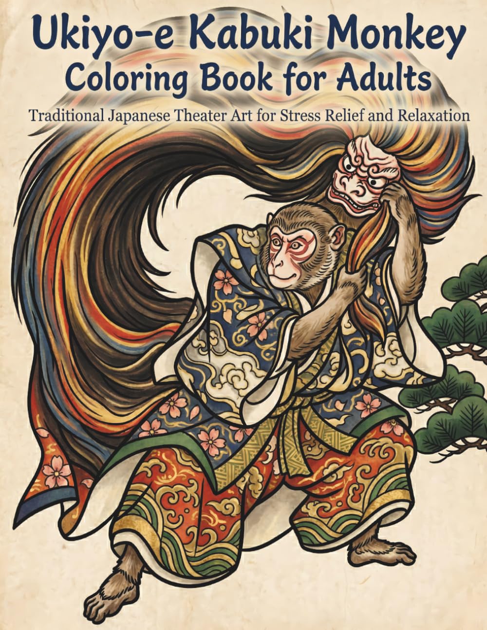 Ukiyo-e Kabuki Monkey Coloring Book for Adults: Traditional Japanese Theater Art for Stress Relief and Relaxation