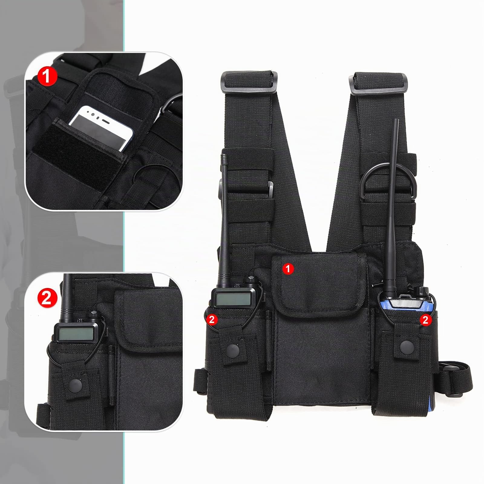 GAESHOW Gilet Chest Rig Bag, Radio Walkie Talkie Poche de poitrine Harnais Sac à bandoulière Sac à bandoulière Hip Hop Streetwear Homme Sacs banane fonctionnels Poches réglables