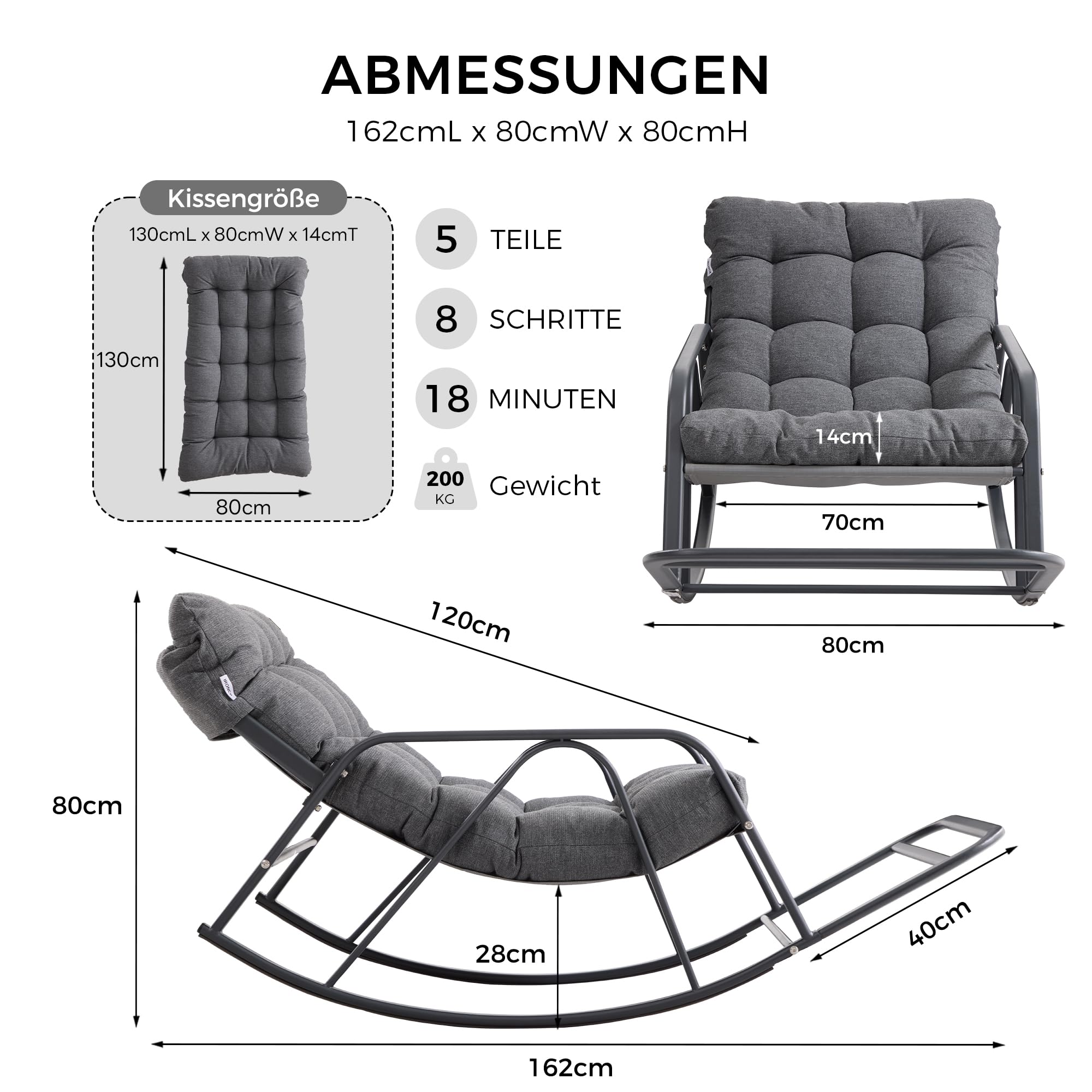 IRONCK Patio-Schaukelstuhl mit Kissen, Übergroßer Garten-Schaukelstuhl mit Armlehnen und Fußstütze, Moderner Lounge-Stühle für Wohnzimmer, Garten, Terrasse & Balkon, Grau