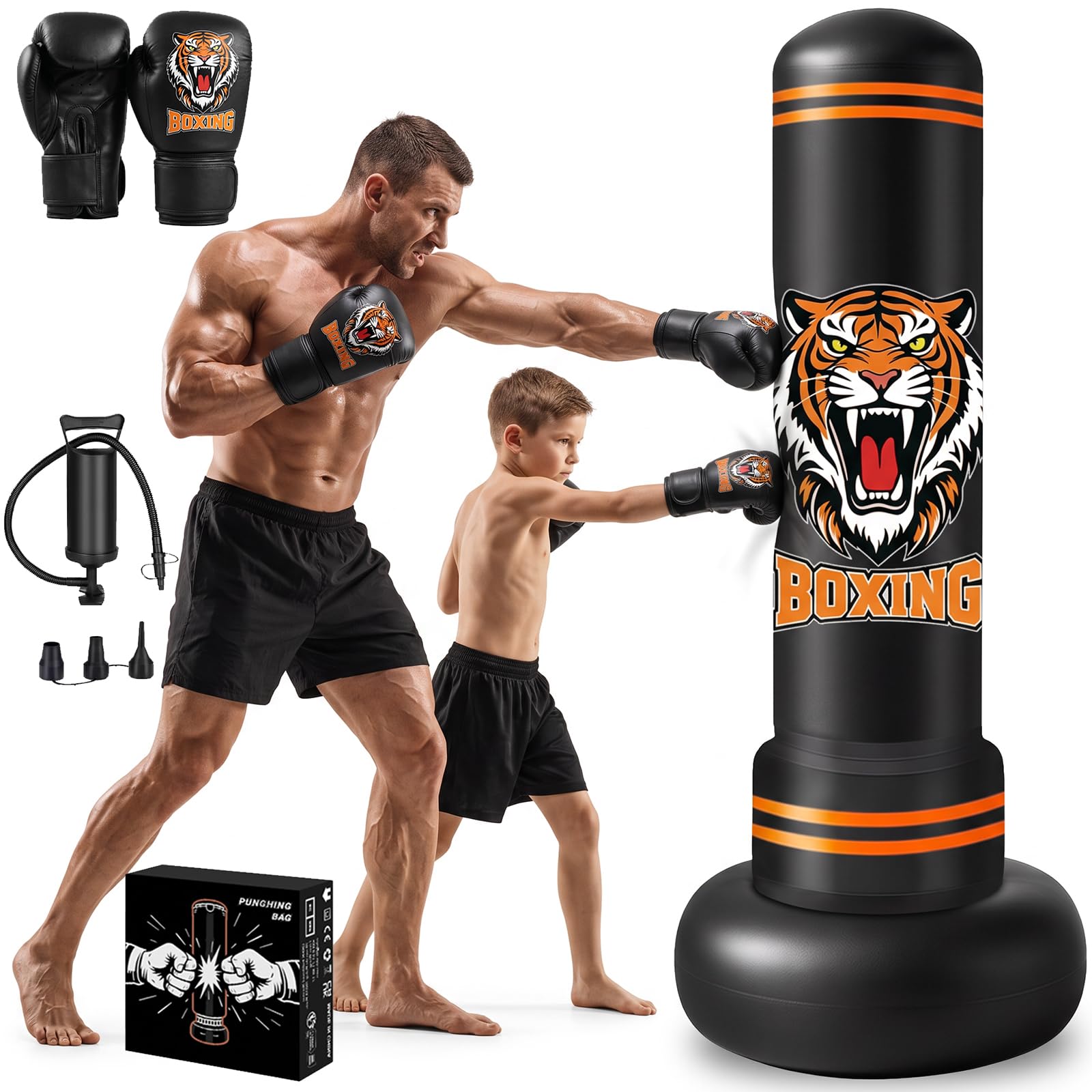 Sacco da boxe per adulti, 190 cm, pesante, in piedi, con guantoni da boxe e pompa ad aria, sacco da boxe gonfiabile per adolescenti e adulti, allenamento, taekwondo, MMA, Muay Thai, casa, palestra