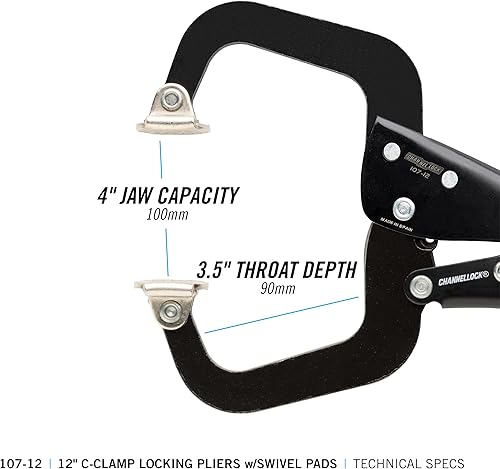Miniatura 8 de Channellock 107-12 Alicates de bloqueo con abrazadera en C de 12 pulgadas con almohadillas giratorias, revestimiento de resina epoxi, acero forjado,