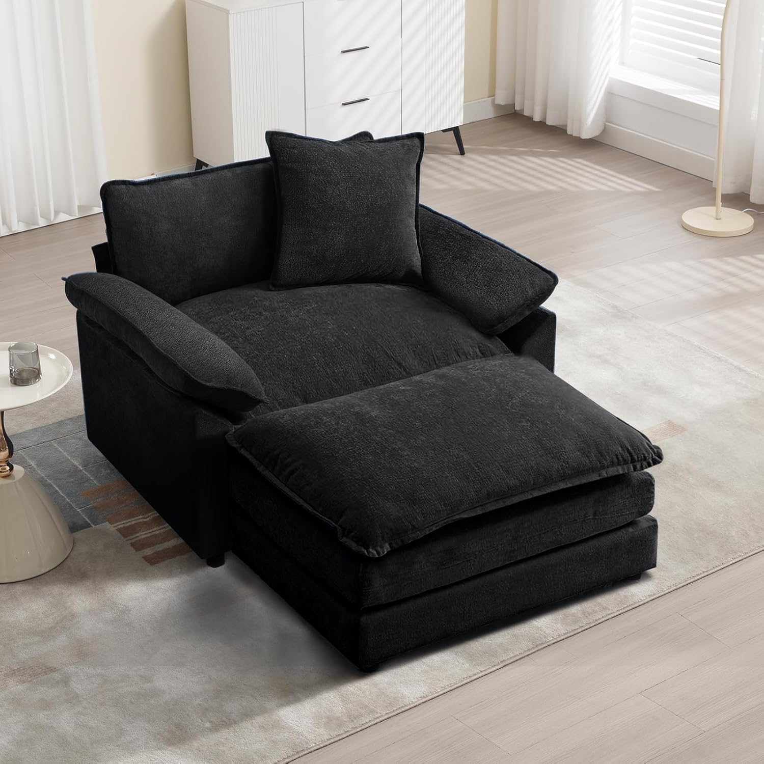 Linyuanwai Modern Oversized Chair with Ottoman, Comfy Chenille Accent Chair Large Upholstered Armchair with Extra Thick and Deep Seat Lounge Chair for