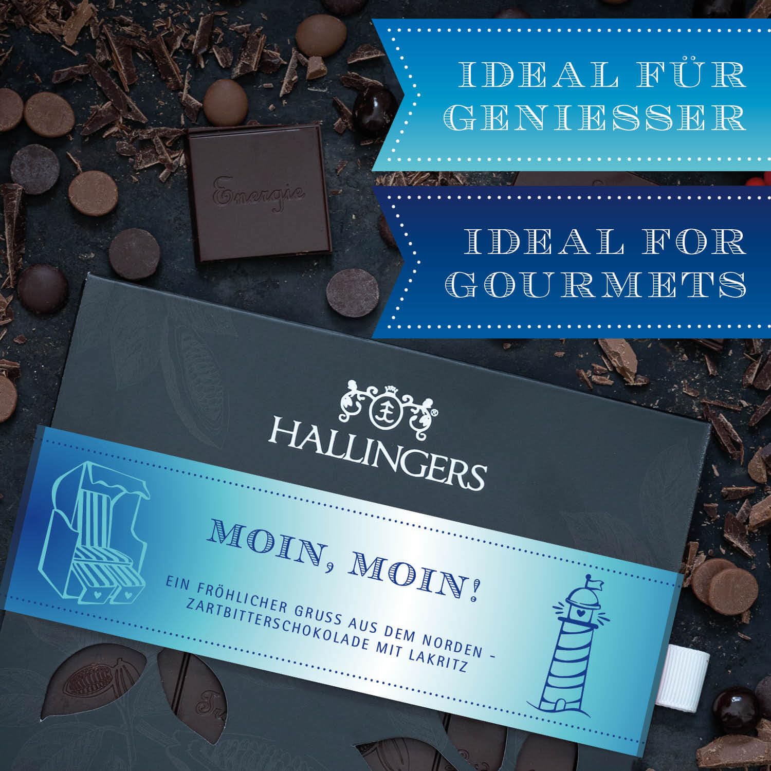 Hallingers Genuss Manufaktur Vegane Schokolade Geschenk - Tafel handgeschöpfter Edelkakao ohne Alkohol edler Karton 10x "Moin, Moin!" Lakritz, Geschenkidee für Frauen Männer