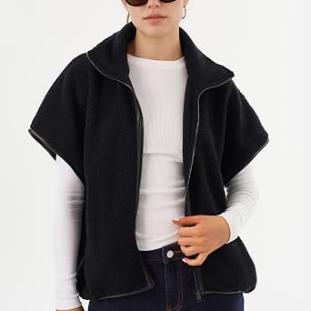 Hixiaohe Sherpa Fleece Vest for Women Winter Trendy Oversized Batwing Sleeve Jacket Fuzzy Warm Sleeveless Gilet Zip Coats