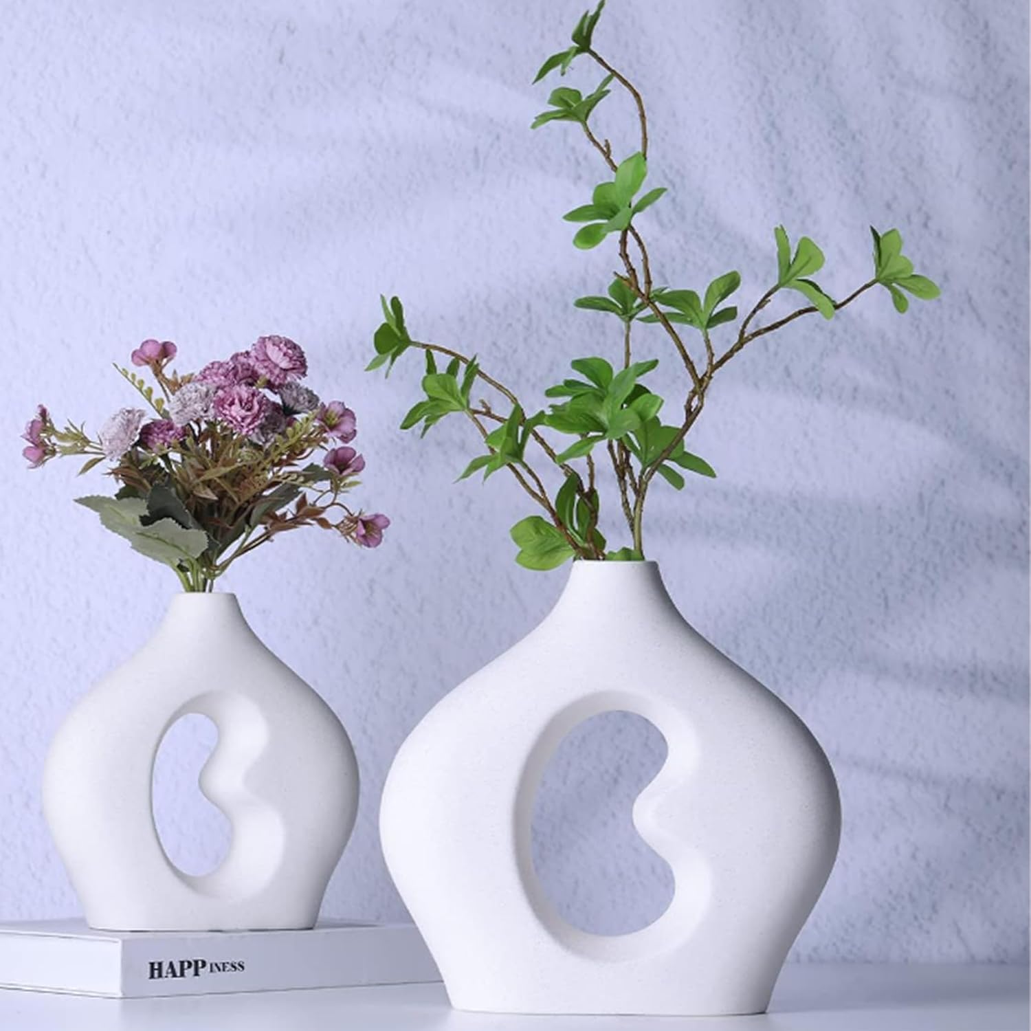 Ceramic White Vase Set of 2 for Decor, Round Matte Flower
