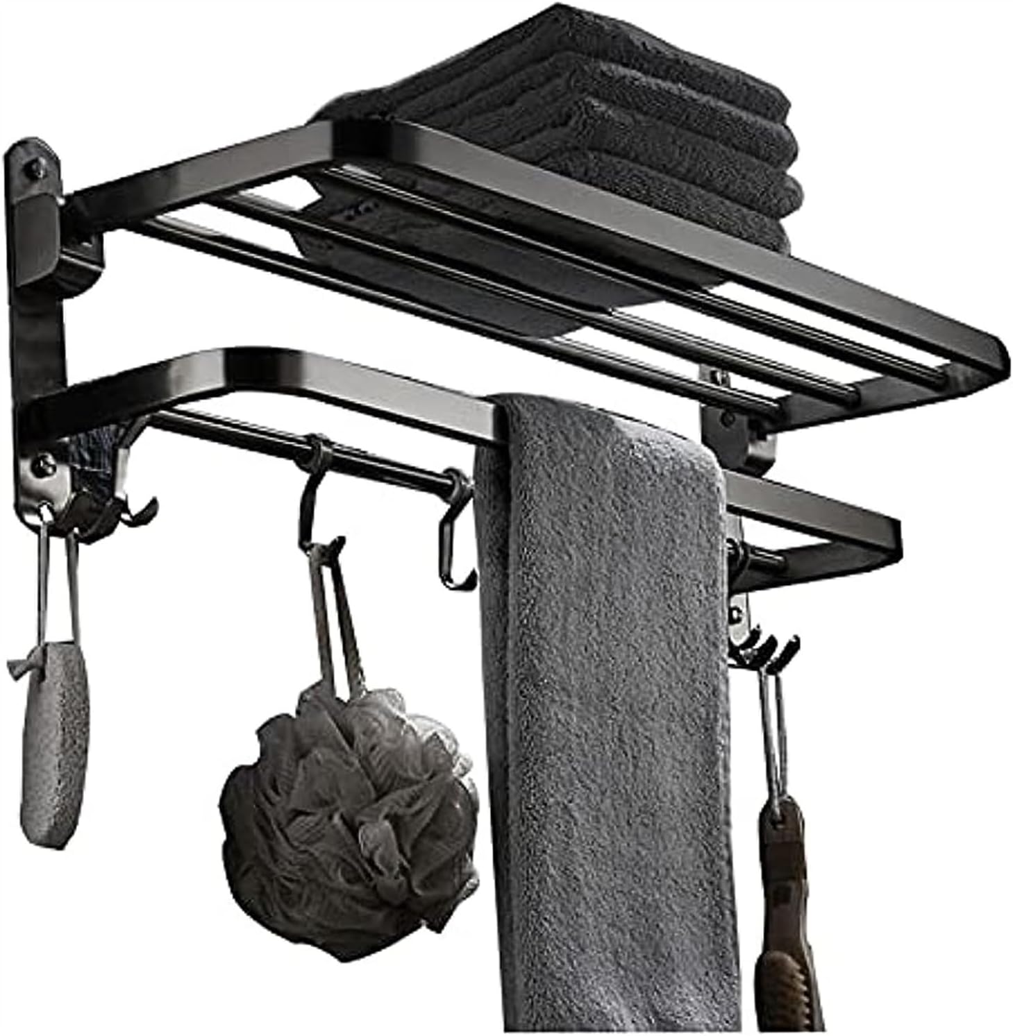 Double Towel Rack with Hook in Bathroom, Wall Mounted, Multifunctional, Foldable Double Layer Rack, Brushed Nickel 304 Stainless Steel (Color: Silver, Size: 60cm) (Color : Silver, Size : 60cm)