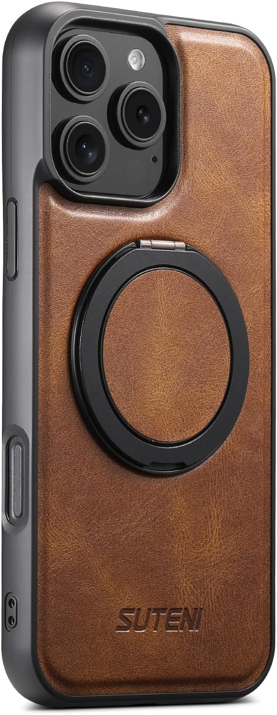 Built-in 360° Spin Magnetic Stand for iPhone 16 Pro Case, Fit for MagSafe, Military Grade Protective Leather Cover for Phone 16 Pro Caso with Invisible Kickstand Rotatable, Brown