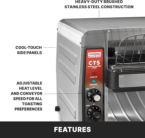Vista 4 de Waring Commercial CTS1000B Tostadora transportadora, 1000+ rebanadas por hora, 208V, 2700W, enchufe de 6-20 fases, plata