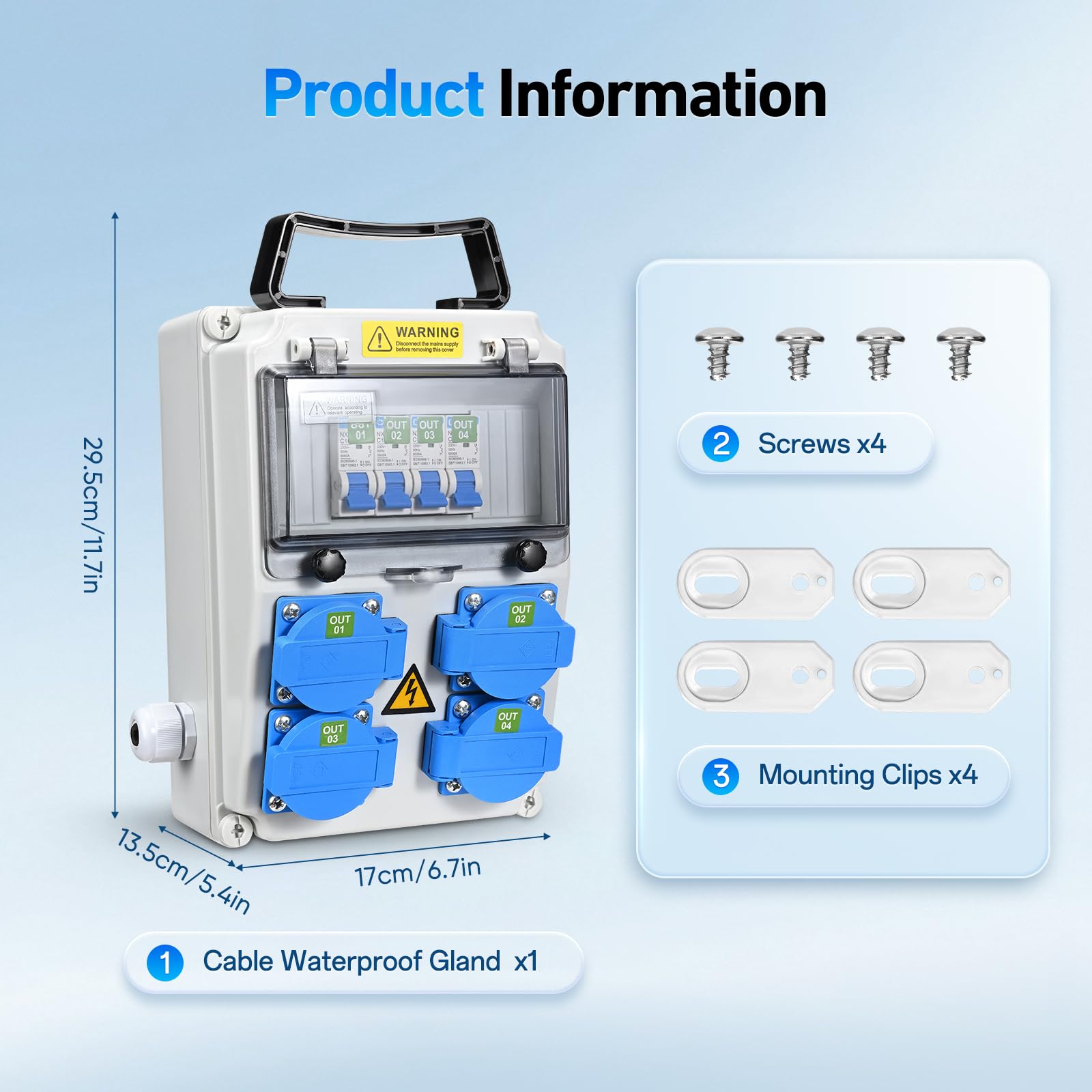 Cofanetto Elettrico di Cantiere 4 x 230V, IP54, Quadro Elettrico Esterno Impermeabile, Distributore di Corrente Elettrica per Officine, Cantieri e Fabbriche