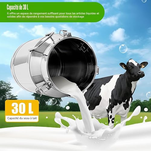 Pot à Lait Inox 30L – Seau Alimentaire Acier Inoxydable 201 avec 3 Verrous Étanche, Bidon à Lait Grande Capacité, Fut Inox Étanche Transport Poignées, Stockage Liquides Solides - 3