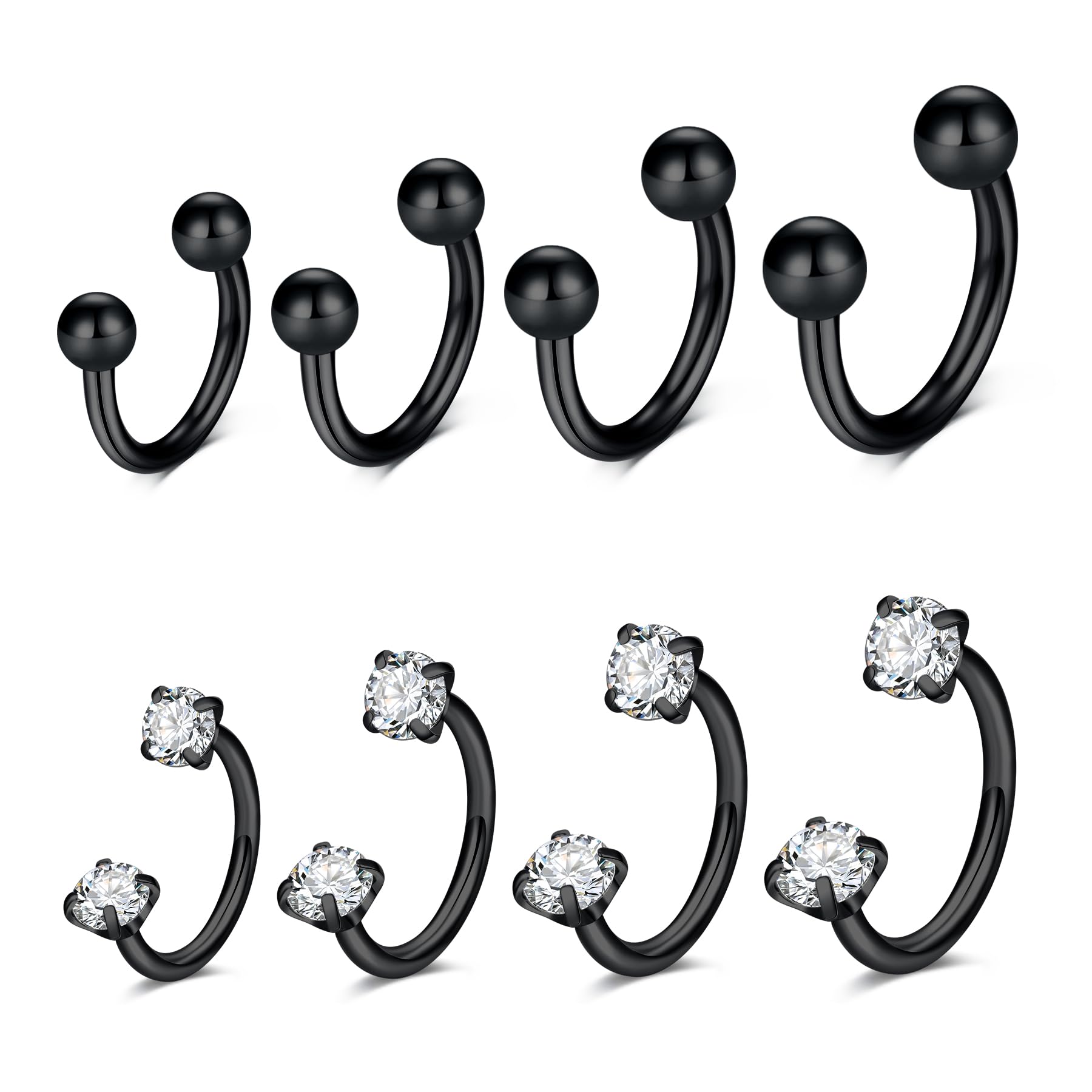 Fundeedrr 8er Septum Hufeisen Piercing Set Edelstahl mit Zirkon 16G 6/8/10/12mm, Für Septum Lippe Nasen Tragus Labret Lippenpiercing & Nasenpiercing Schwarz Gold Silber Roségold