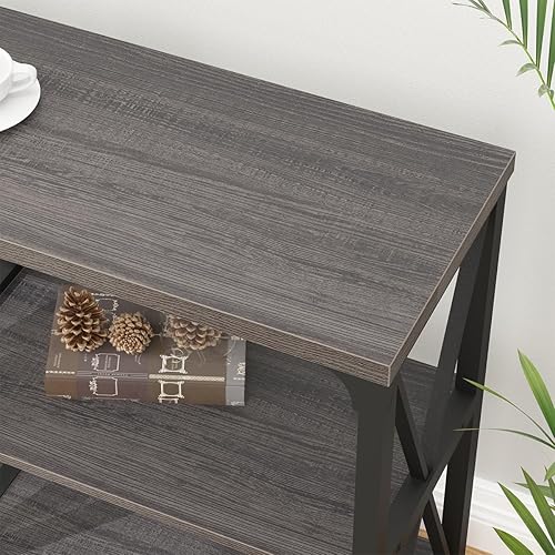 Miniatura 29 de IBF Mesa de entrada de granja, mesa consola larga rústica detrás del sofá, moderna mesa de sofá de madera de metal con estantes de almacenamiento,