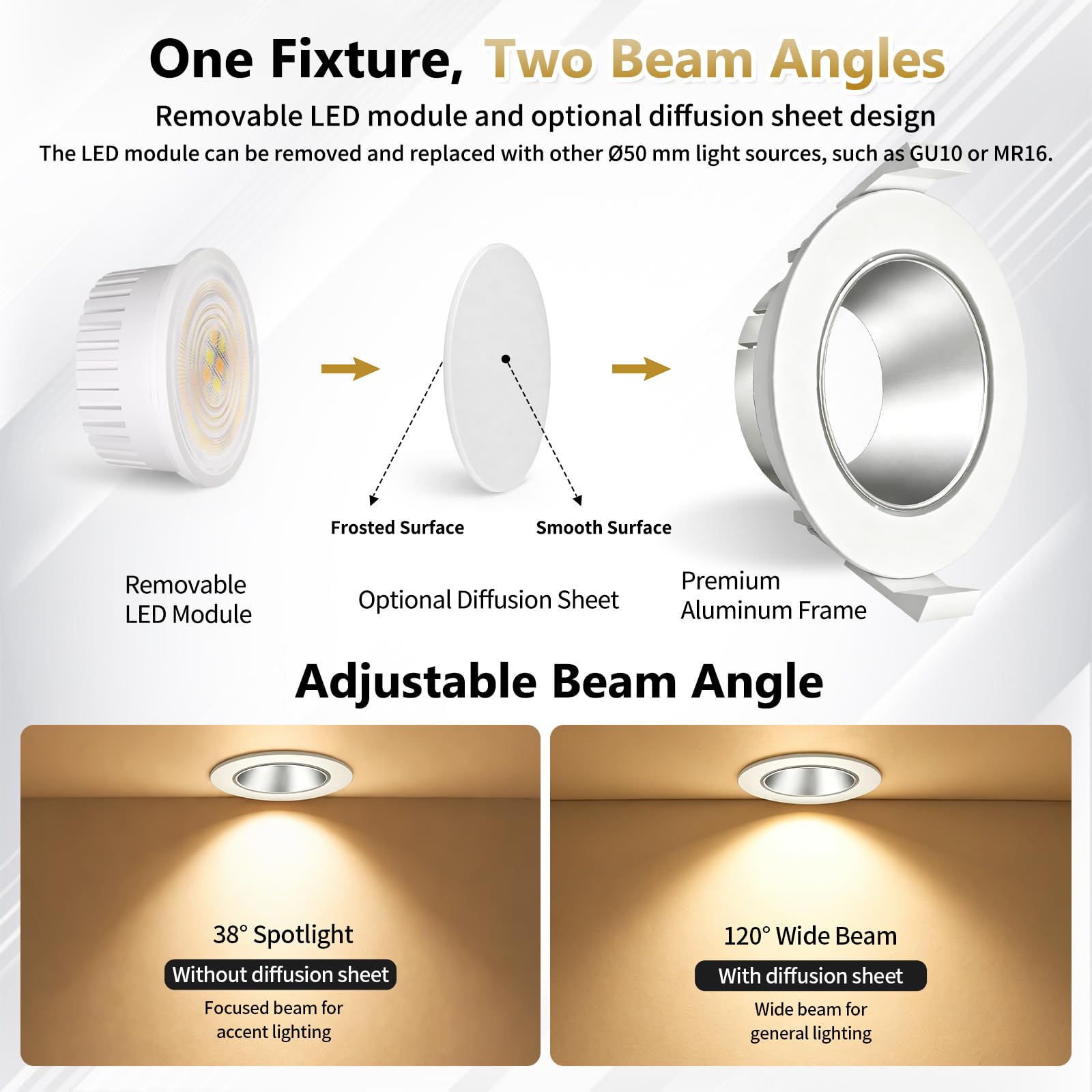 YindaLux 6x LED Einbaustrahler 230V Dimmbar, 5W 550LM 3000K/4000K/6500K, Schwenkbare Deckenspots IP44 Einbauspots, Tiefe Reflektorschale, Abnehmbares LED Modul, 38°/120°, Ø75-80mm Loch, Weiß Silber
