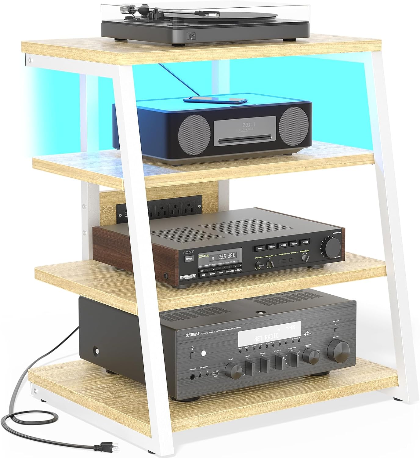 *BOX VERY DAMAGED MAY BE MISSING HARDWARE/PEICES* AV Media Stand with Outlets, Media Console with LED Lights, Stereo Racks and Stands with Storage Shelves, Media Audio Tower Cabinet, Natural Oak and White Natural Oak and White 23.6-in
