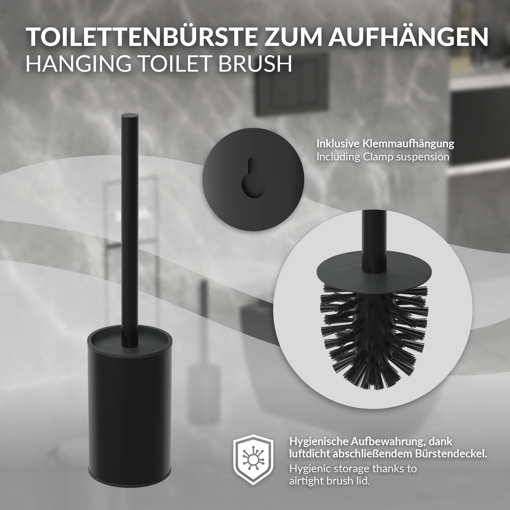LuxeBath Módulo de Armario Empotrado para Baño de Acero Inoxidable Negro Mate 60 x 20 x 14 cm con Portarrollos con Tapa y Escobilla, Mueble WC Alicatable Encastrado para Aseo/Servicio Nicho de Pared
