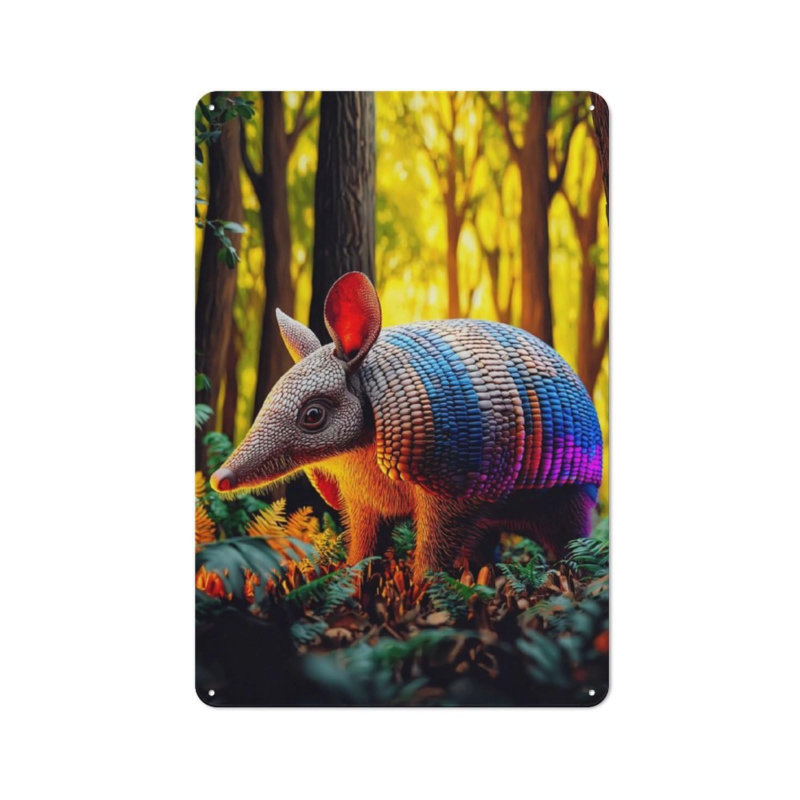 Junmoney Colorful Armadillo In Forest Rustic Metal Sign 30X20cm For Café Or Restaurant, Suited To Café Owners And Decorators