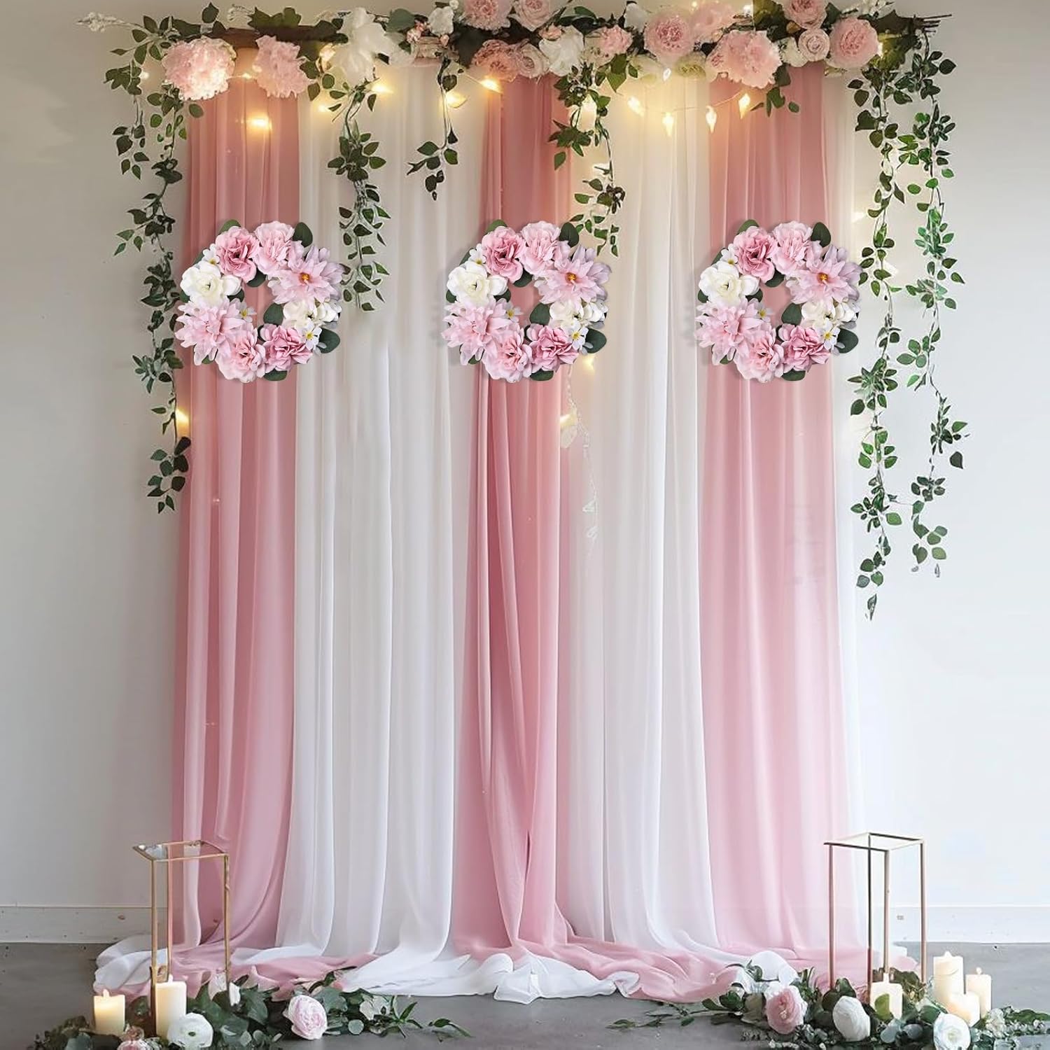 Artificial Flower Candle Rings - 6 Inch Inner Rose Floral Wreaths with Butterflies for Wedding Bridal Event Table Centerpieces Backdrop Decorations (Pink & White, 6 X Candle Rings)
