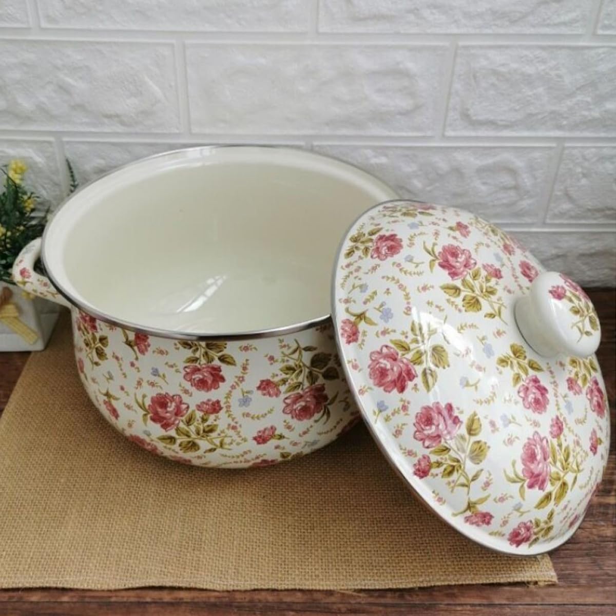 Sosoport Pentola per Zuppa Domestica Smaltata 18 CM a Fondo Piatto Doppio Manico Pentola da Cucina Pratica per Pasta Riso e Brodo Adatta Uso Casalingo