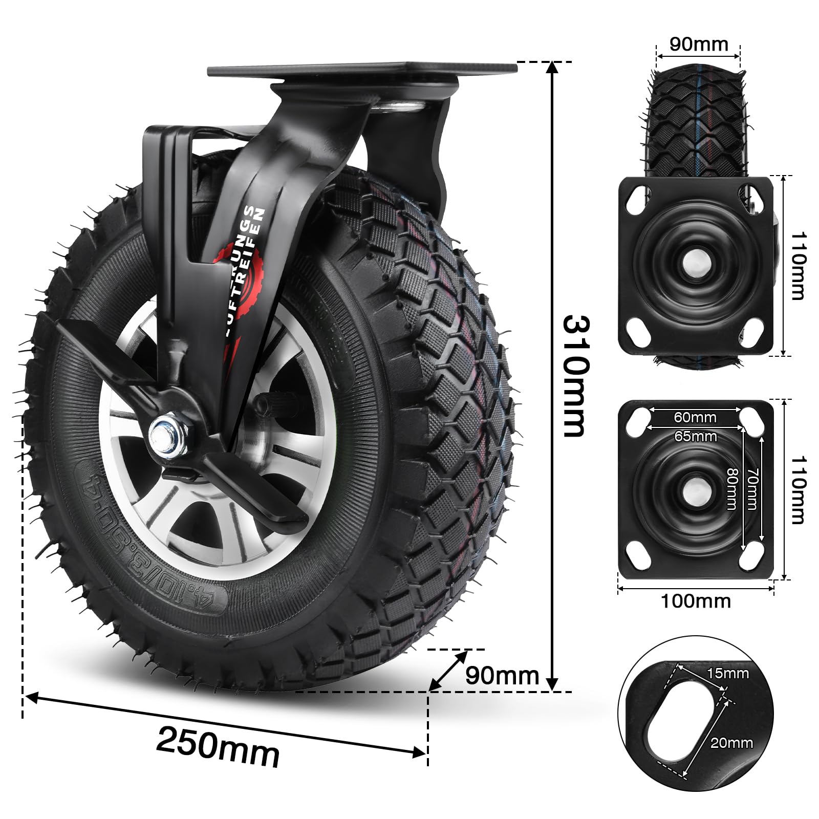 4 pièces de roulettes avec frein Ø 250 x 90 mm, roue pneumatique silencieuse sur roues en alliage d'aluminium avec amortisseur, pour chariot à bras et chariot de transport, capacité de charge 510 kg