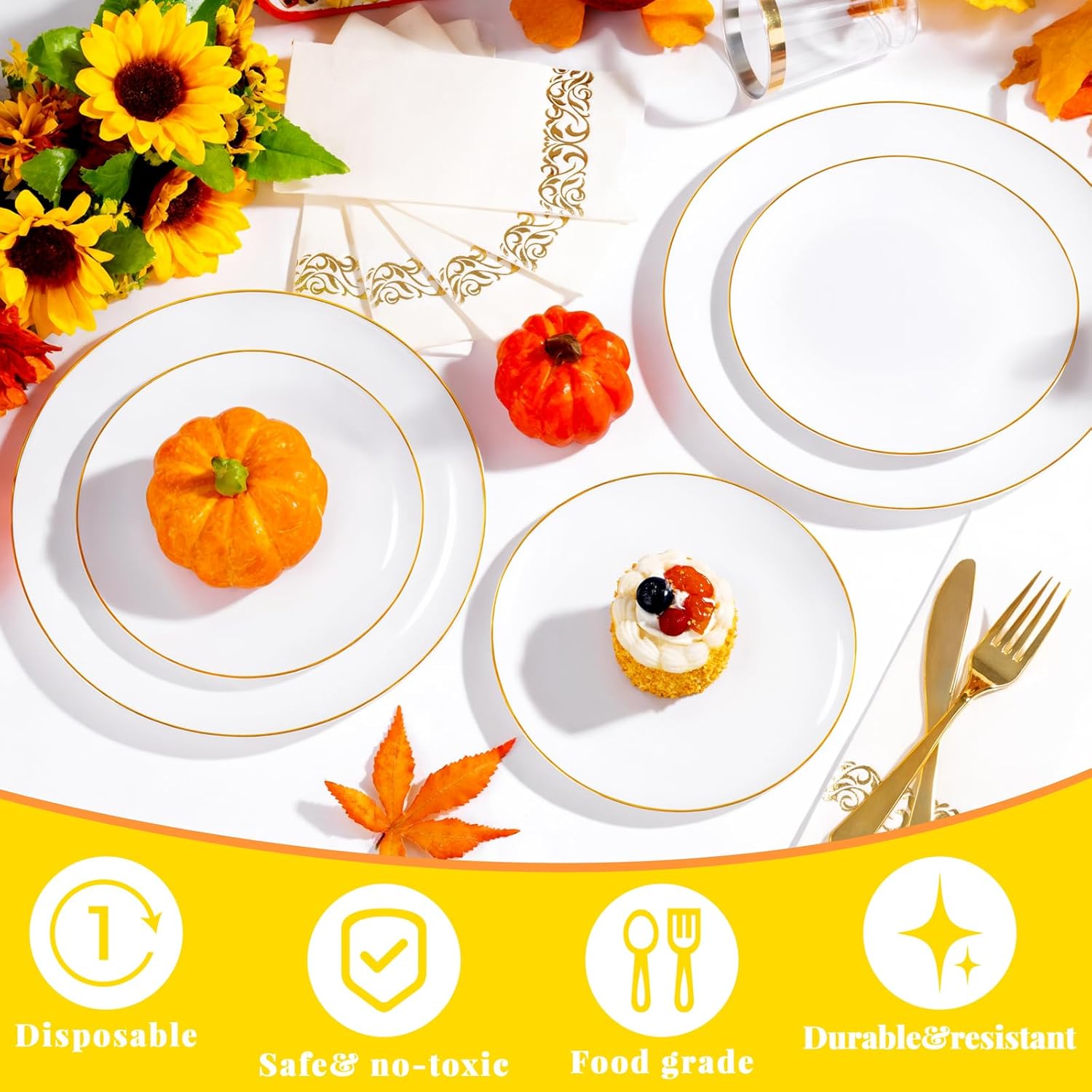 YOUBET 175PCS Gold Rimmed Plastic Plates - White and Gold Disposable Plates Includes 25 Dinner Plate, 25 Dessert Plate, 75Silverware, 25 Cups, 25 Napkins for Wedding & Party