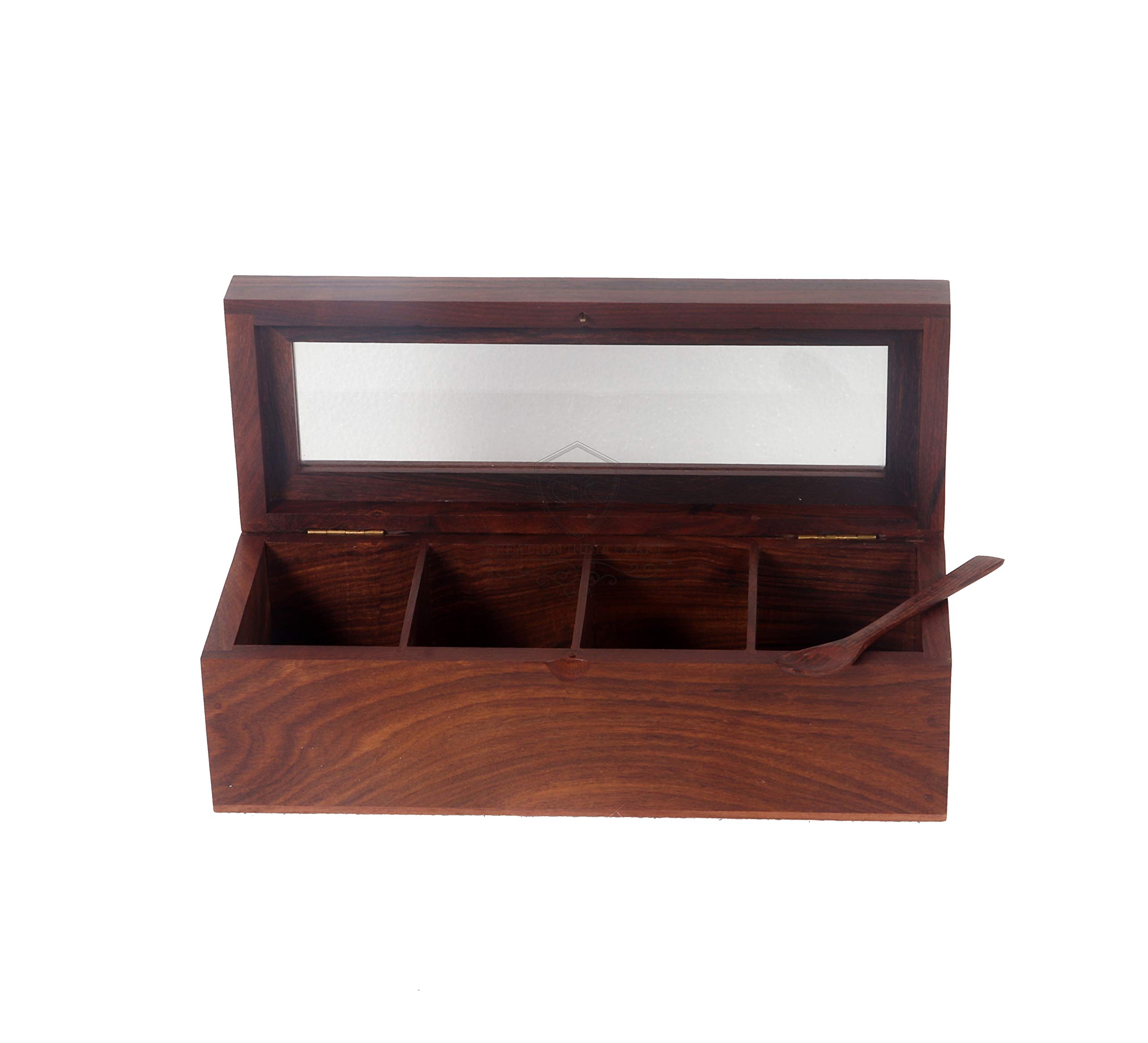 Scatola di spezie in legno Masala Dabba Spice Rack Vasetti da tavolo da cucina per uso domestico e cucina, 4 spezie divisorie con cucchiaio e vetro superiore (marrone)
